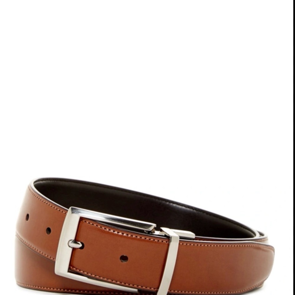 Original Penguin Tan black Leather Belt with Silver Buckle reversible 34/85
